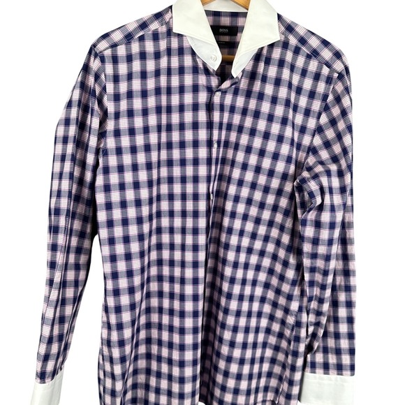 Hugo Boss Other - Hugo Boss Mens Slim Fit Check Dress Shirt Navy Pink White Collar 16 41